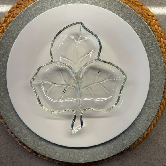 Pressed Glass Other - Clear Pressed Glass Maple Leaf Divided Dish | Mid-Century Relish Tray -Vintage